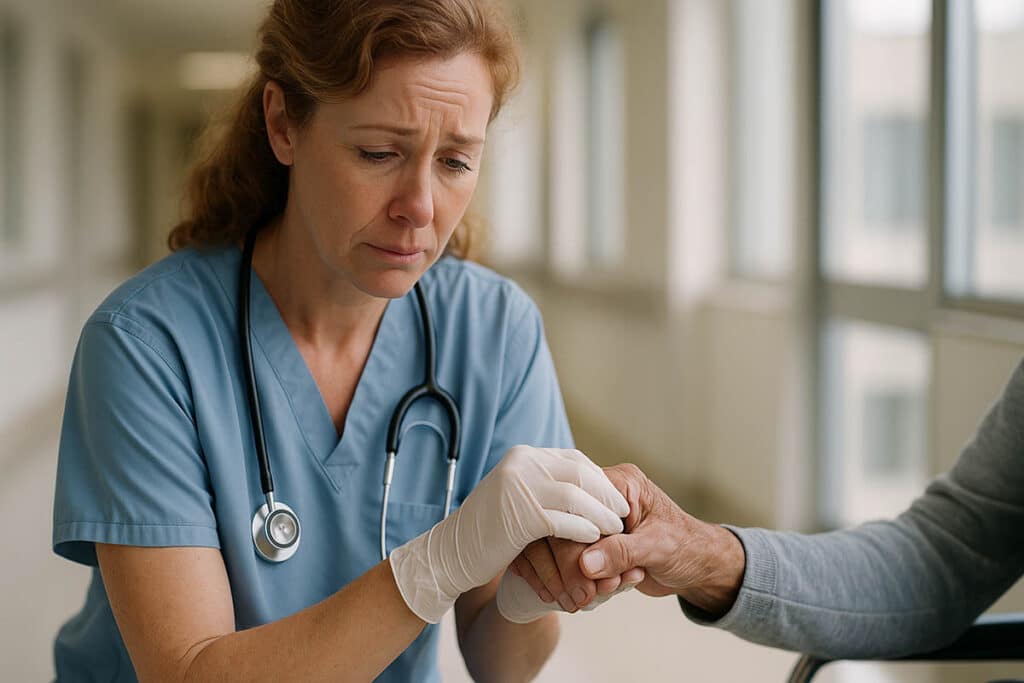 „Pflegekraft mit erschöpftem Blick, Händedruck im Klinikflur – Darstellung der inneren Schuld im Pflegealltag