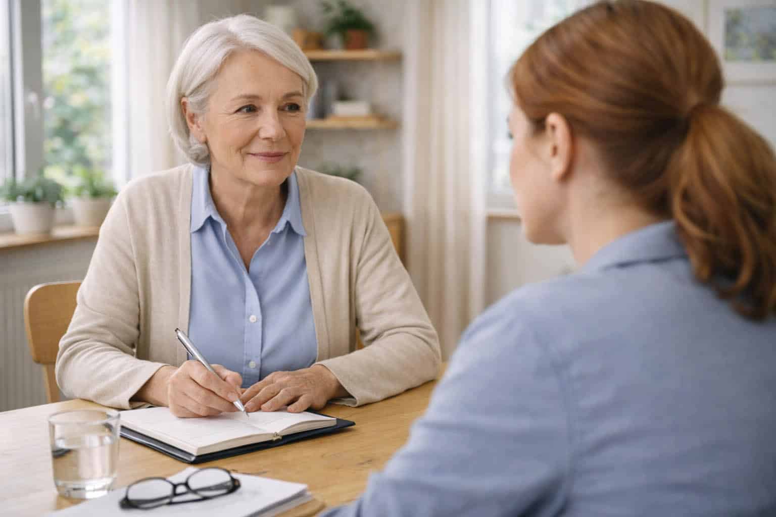 Coaching Gespräch mit Notizen, ruhige und vertrauensvolle Atmosphäre