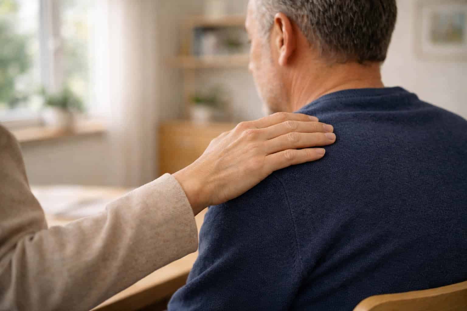 Ruhige Hand auf Schulter, symbolische Unterstützung im Pflegealltag