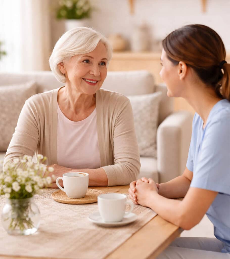 Lächeln am Tisch bei Sonnenlicht