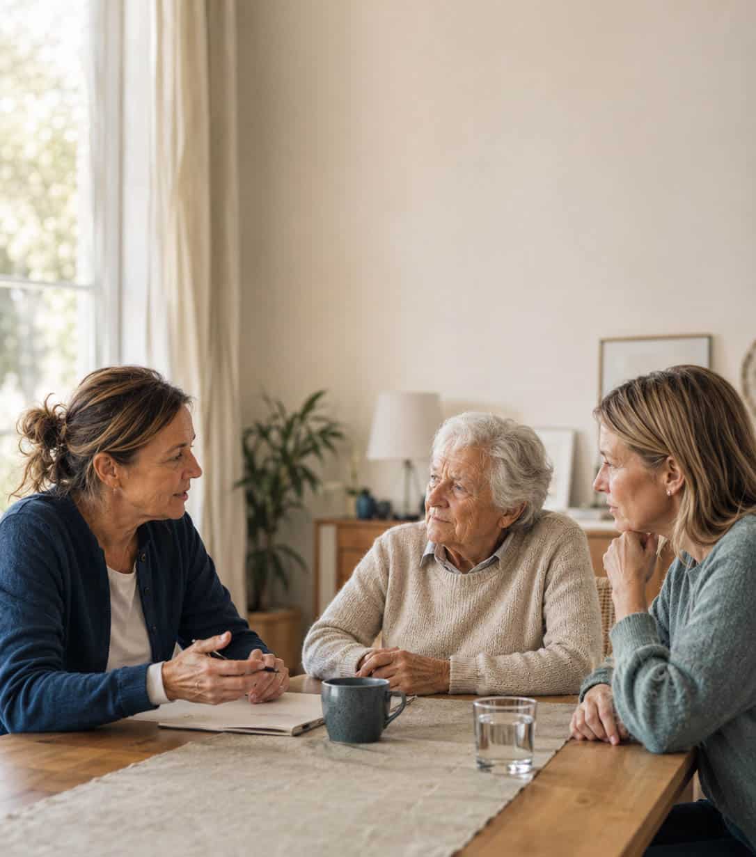 Pflegefachkraft spricht in heller Wohnung mit einer älteren Person und einer Angehörigen über Unterstützung im Pflegealltag.