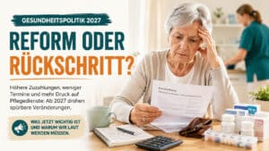 Beitragsbild zur Gesundheitspolitik 2027 mit besorgter älterer Frau, Pflegekraft im Hintergrund und Hinweis auf höhere Zuzahlungen sowie mehr Druck in der Pflege.