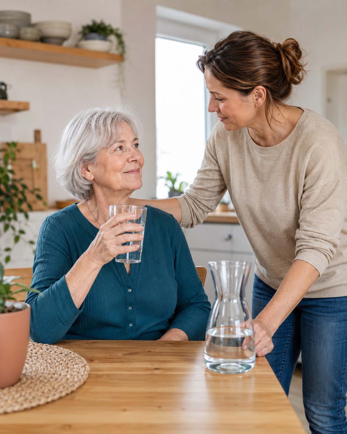 Pflegekraft in Zivil unterstützt eine ältere Frau beim regelmäßigen Trinken zur Vorbeugung von Flüssigkeitsmangel