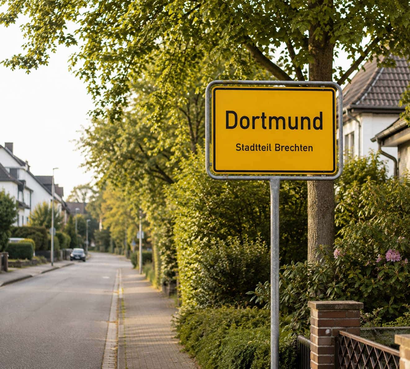 Ortsschild von Dortmund-Brechten vor einer ruhigen Wohnstraße