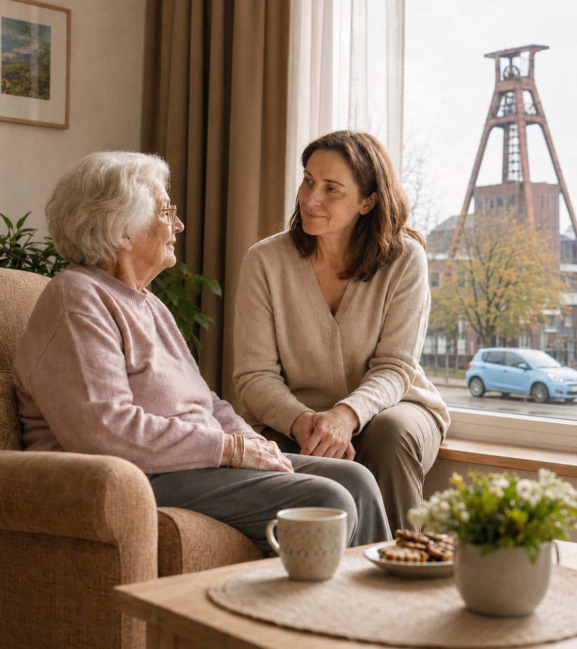 Pflegekraft in Zivil besucht eine Seniorin zu Hause in Dortmund-Eving, im Hintergrund der Förderturm Minister Stein