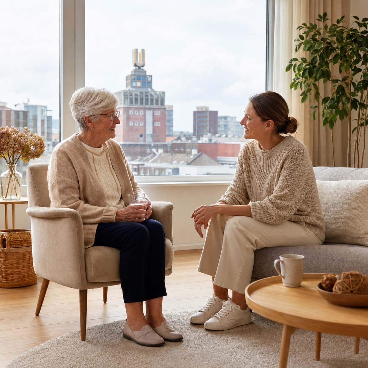Pflegekraft in Zivil im Gespräch mit einer Seniorin in Dortmund-Innenstadt, im Hintergrund das Dortmunder U
